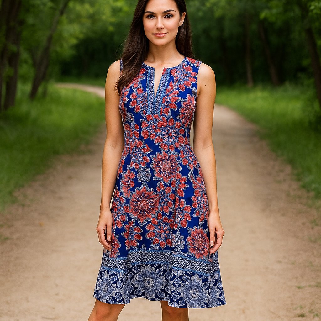 Medallion Cornelia Blue A Line Flare Zip Sleeveless Artsy Resort Party Dress 4
